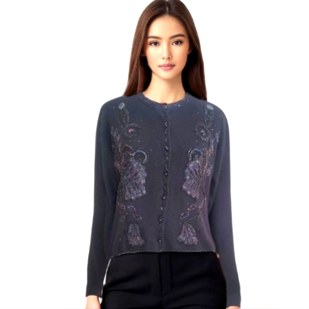 ViVien Forest vtg black lambswool angora beaded sequin cardigan sweater L